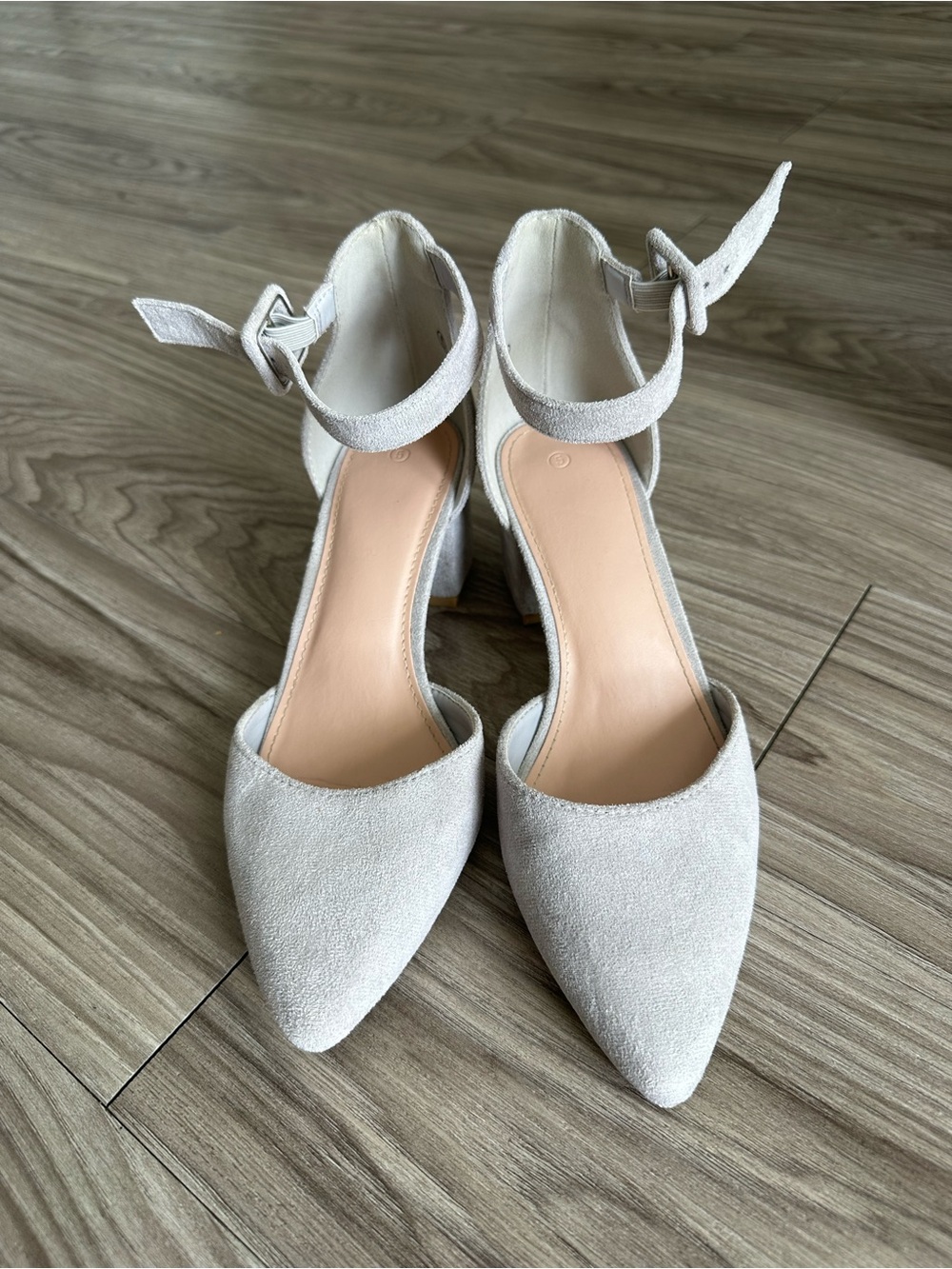 Women's Light Gray Suede Pointed-Toe Block Heel Ankle Strap Pumps